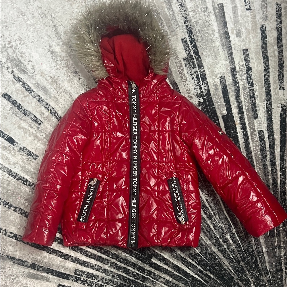 Tommy Hilfiger Red Quilted Jacket with Faux Fur Hood
